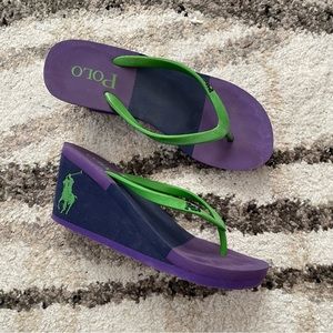 Polo Purple & Lime Green Wedge Slippers